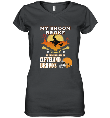 Broom Broke So I Became A Fan of Cleveland Browns  Halloween Costume Women's V-Neck T-Shirt Women's V-Neck T-Shirt / Black / S Women's V-Neck T-Shirt - belovedtshirt