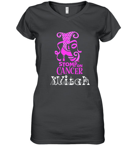 Stomp On Cancer Witch High Heel Breast Cancer Halloween Women's V-Neck T-Shirt Women's V-Neck T-Shirt / Black / S Women's V-Neck T-Shirt - belovedtshirt