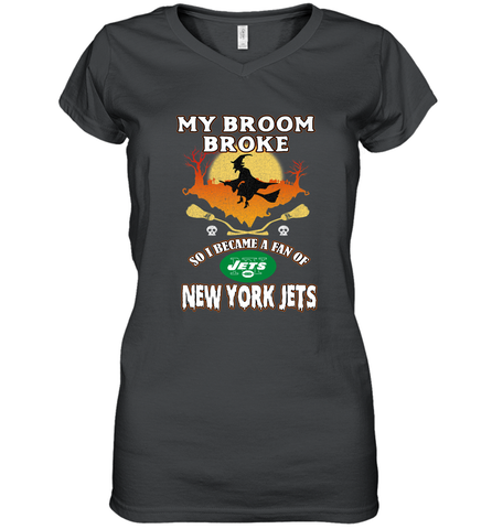 Broom Broke So I Became A fan of New York Jets  NFL Halloween Costume Women's V-Neck T-Shirt Women's V-Neck T-Shirt / Black / S Women's V-Neck T-Shirt - belovedtshirt
