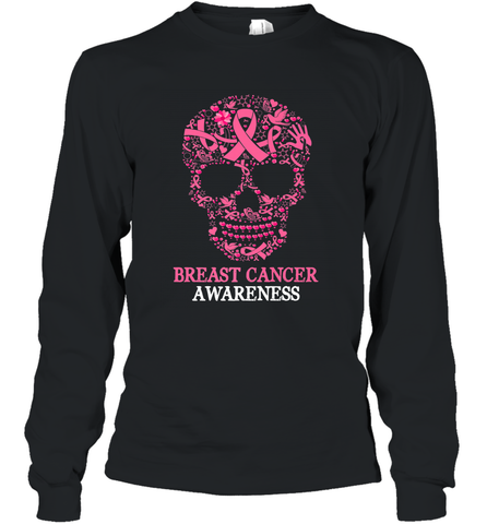 Tattoo Skull Halloween Breast Cancer Awareness Long Sleeve T-Shirt Long Sleeve T-Shirt / Black / S Long Sleeve T-Shirt - belovedtshirt