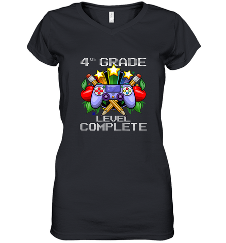 4th Grade Level Complete Back To School Gift Boys Girls Women's V-Neck T-Shirt Women's V-Neck T-Shirt / Black / S Women's V-Neck T-Shirt - belovedtshirt