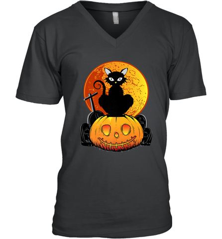 Happy Halloween Spooky Pumpkins Black Cat For Women Men's V-Neck Men's V-Neck / Black / S Men's V-Neck - belovedtshirt