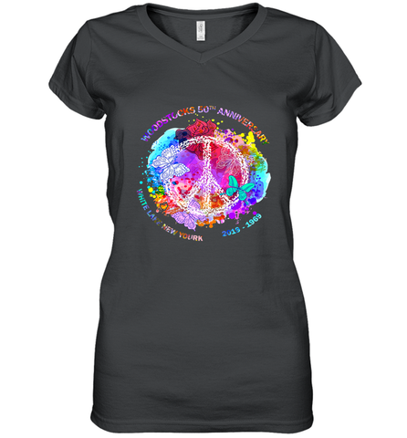 Woodstocks 50th Anniversary Peace Love tee Women's V-Neck T-Shirt Women's V-Neck T-Shirt / Black / S Women's V-Neck T-Shirt - belovedtshirt