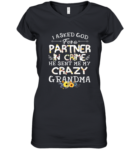 Crazy Grandma Partner in Crime design Women's V-Neck T-Shirt Women's V-Neck T-Shirt / Black / S Women's V-Neck T-Shirt - belovedtshirt