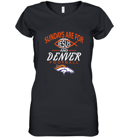 Sundays Are For Jesus and Denver Funny Christian Football Women's V-Neck T-Shirt Women's V-Neck T-Shirt / Black / S Women's V-Neck T-Shirt - belovedtshirt