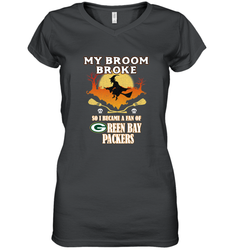 Broom Broke So I Became A Fan of Green Bay Packers  NFL Halloween Costume Women's V-Neck T-Shirt