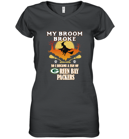 Broom Broke So I Became A Fan of Green Bay Packers  NFL Halloween Costume Women's V-Neck T-Shirt Women's V-Neck T-Shirt / Black / S Women's V-Neck T-Shirt - belovedtshirt