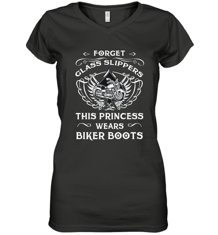 Forget glass slippers this princess wears biker boots Women's V-Neck T-Shirt Women's V-Neck T-Shirt / Black / S Women's V-Neck T-Shirt - belovedtshirt