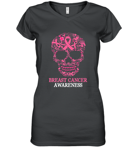 Tattoo Skull Halloween Breast Cancer Awareness Women's V-Neck T-Shirt Women's V-Neck T-Shirt / Black / S Women's V-Neck T-Shirt - belovedtshirt