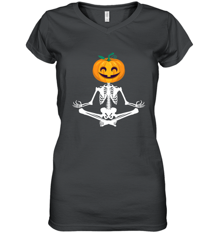 Halloween Yoga Zen Meditation Pumpkin skeleton Gift idea Women's V-Neck T-Shirt Women's V-Neck T-Shirt / Black / S Women's V-Neck T-Shirt - belovedtshirt