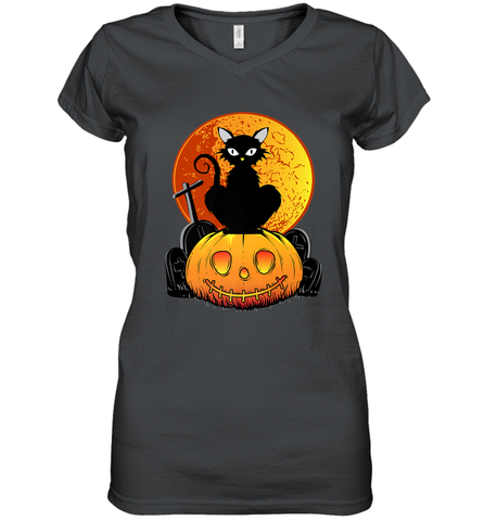 Happy Halloween Spooky Pumpkins Black Cat For Women Women's V-Neck T-Shirt Women's V-Neck T-Shirt / Black / S Women's V-Neck T-Shirt - belovedtshirt