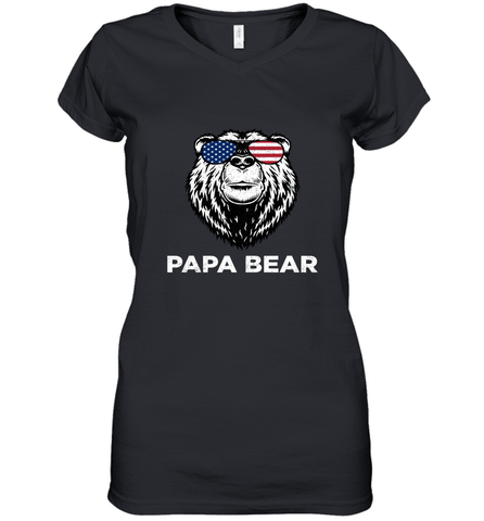 4th of July Papa Bear American Flag Glasses Patriotic Women's V-Neck T-Shirt Women's V-Neck T-Shirt / Black / S Apparel - belovedtshirt