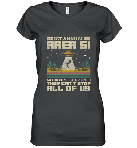 Storm Area 51 5K Fun Run They Can't Stop Us All Vintage UFO Women's V-Neck T-Shirt Women's V-Neck T-Shirt / Black / S Women's V-Neck T-Shirt - belovedtshirt