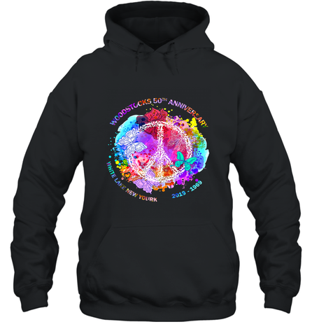 Woodstocks 50th Anniversary Peace Love tee Hooded Sweatshirt Hooded Sweatshirt / Black / S Hooded Sweatshirt - belovedtshirt