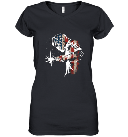 Welder American Flag USA Patriotic Welder Gift Women's V-Neck T-Shirt Women's V-Neck T-Shirt / Black / S Women's V-Neck T-Shirt - belovedtshirt