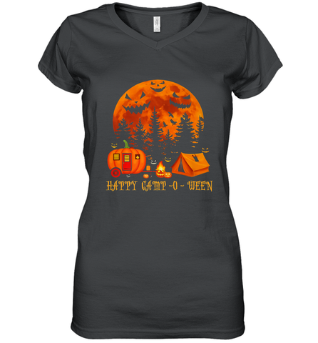 Happy Camp O Ween Funny Camping Halloween Costume Camper RV Women's V-Neck T-Shirt Women's V-Neck T-Shirt / Black / S Women's V-Neck T-Shirt - belovedtshirt