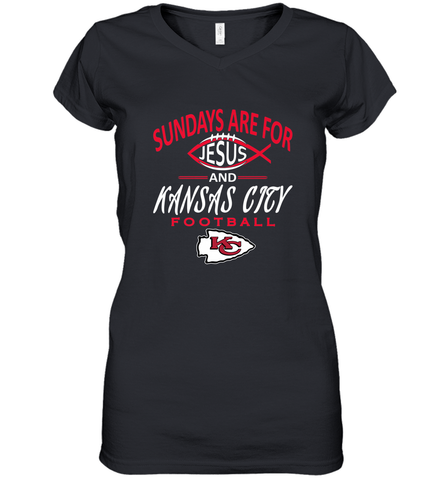 Sundays Are For Jesus and Kansas City Funny Football Women's V-Neck T-Shirt Women's V-Neck T-Shirt / Black / S Women's V-Neck T-Shirt - belovedtshirt