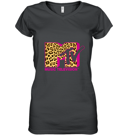 MTV Logo Leopard Print Women's V-Neck T-Shirt Women's V-Neck T-Shirt / Black / S Women's V-Neck T-Shirt - belovedtshirt