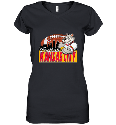 NFL Kansas City Football Logo Skyline Cityscape Women's V-Neck T-Shirt Women's V-Neck T-Shirt / Black / S Women's V-Neck T-Shirt - belovedtshirt