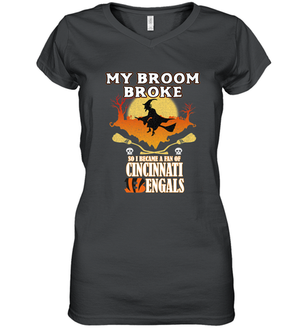 Broom Broke So I Became A fan of Cincinnati Bengals Halloween Costume Women's V-Neck T-Shirt Women's V-Neck T-Shirt / Black / S Women's V-Neck T-Shirt - belovedtshirt
