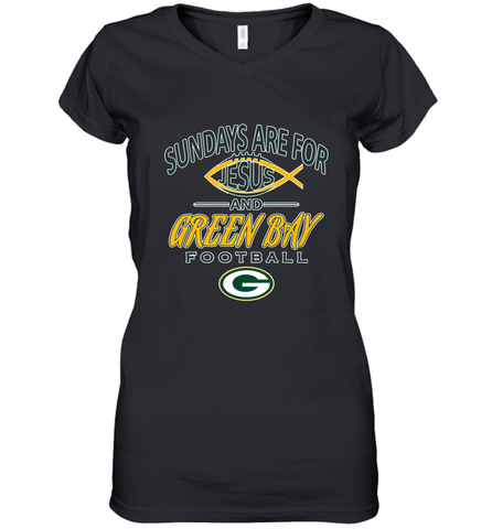 Sundays Are For Jesus and Green Bay Funny Christian Football 1 Women's V-Neck T-Shirt Women's V-Neck T-Shirt / Black / S Women's V-Neck T-Shirt - belovedtshirt