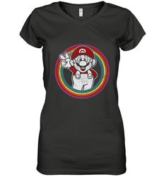 Super Mario Rainbow Circle Distressed Logo Women's V-Neck T-Shirt