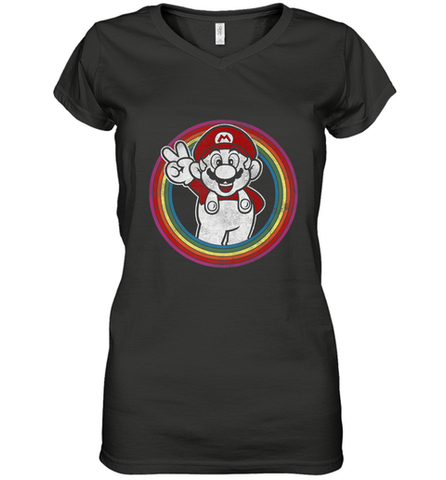 Super Mario Rainbow Circle Distressed Logo Women's V-Neck T-Shirt