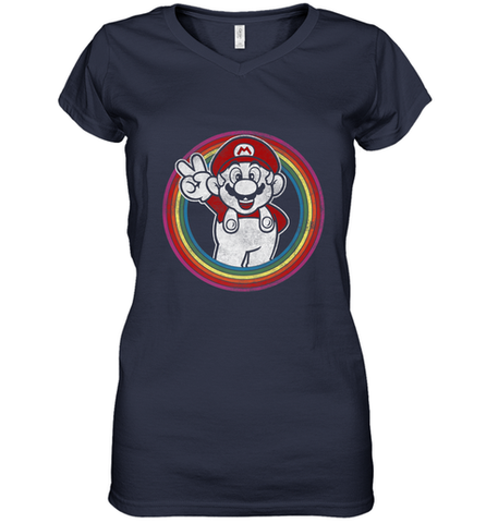Super Mario Rainbow Circle Distressed Logo Women's V-Neck T-Shirt