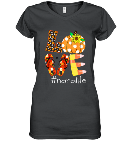 Funny Love Nanalife Pumpkin Flip Flops Nana Life Halloween Women's V-Neck T-Shirt Women's V-Neck T-Shirt / Black / S Women's V-Neck T-Shirt - belovedtshirt