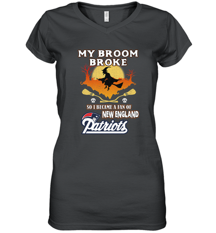 Broom Broke So I Became A Fan of New England Patriots  NFL Halloween Costume Women's V-Neck T-Shirt Women's V-Neck T-Shirt / Black / S Women's V-Neck T-Shirt - belovedtshirt